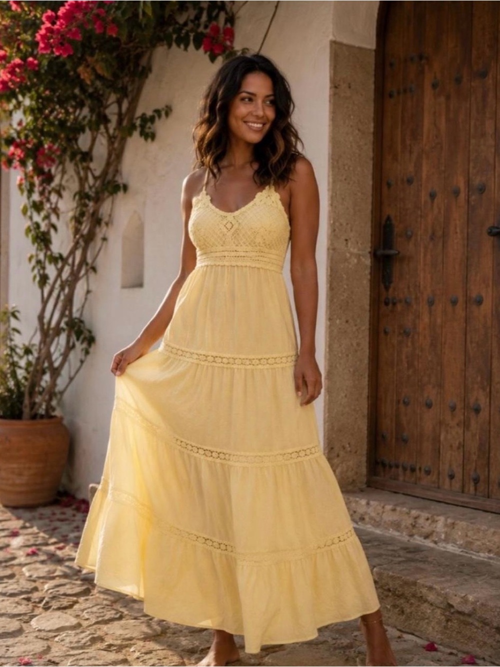 LaDiosa Yellow Crochet-Detail Maxi Dress - Women's Sun Dress